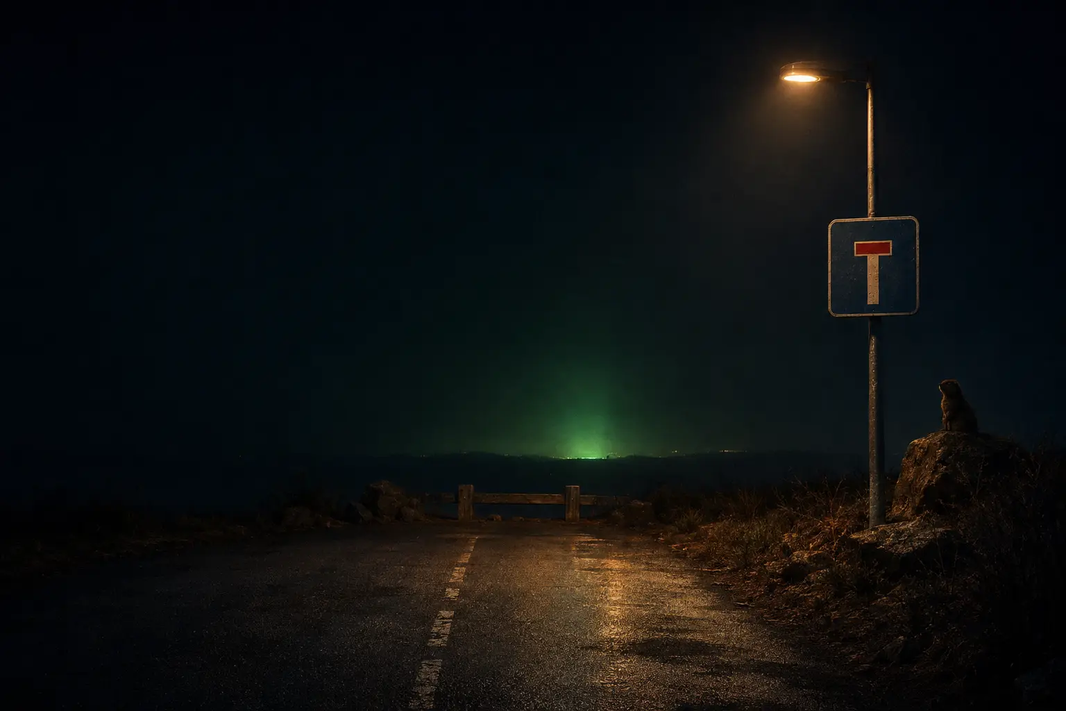 Nächtliche Landstraße mit Sackgassen-Schild unter einer Laterne, grüner Schimmer am Horizont, Präriehund auf einem Felsen.
