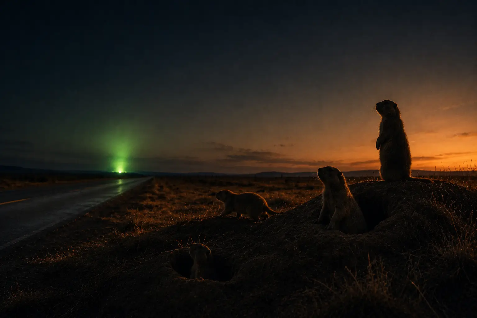 Präriehund-Familie auf einem Erdhügel in der Abenddämmerung, daneben eine leere Landstraße mit grünem Schimmer am Horizont.