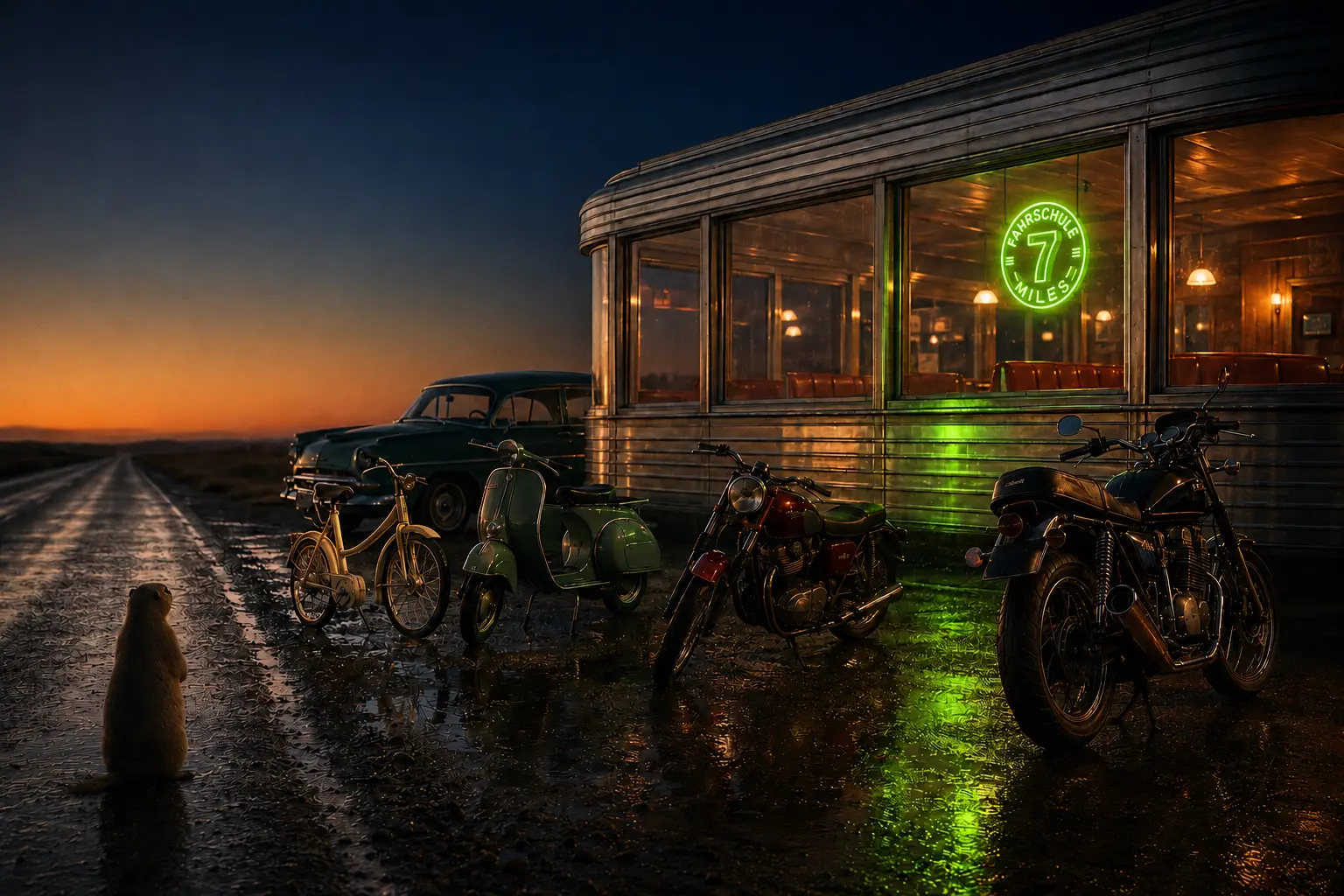 Mofa, Roller, zwei Motorräder und ein Oldtimer vor einem Chrom-Diner in der Dämmerung, im Fenster ein grünes Neonschild mit der 7, links ein Präriehund.