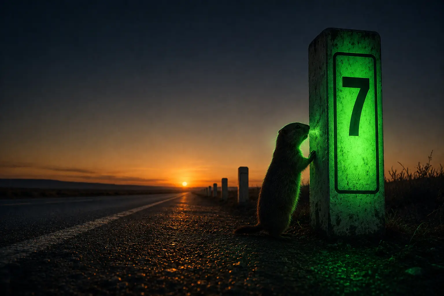 Präriehund richtet sich an einem Kilometerstein mit leuchtender grüner 7 auf, Sonnenuntergang über der Straße.