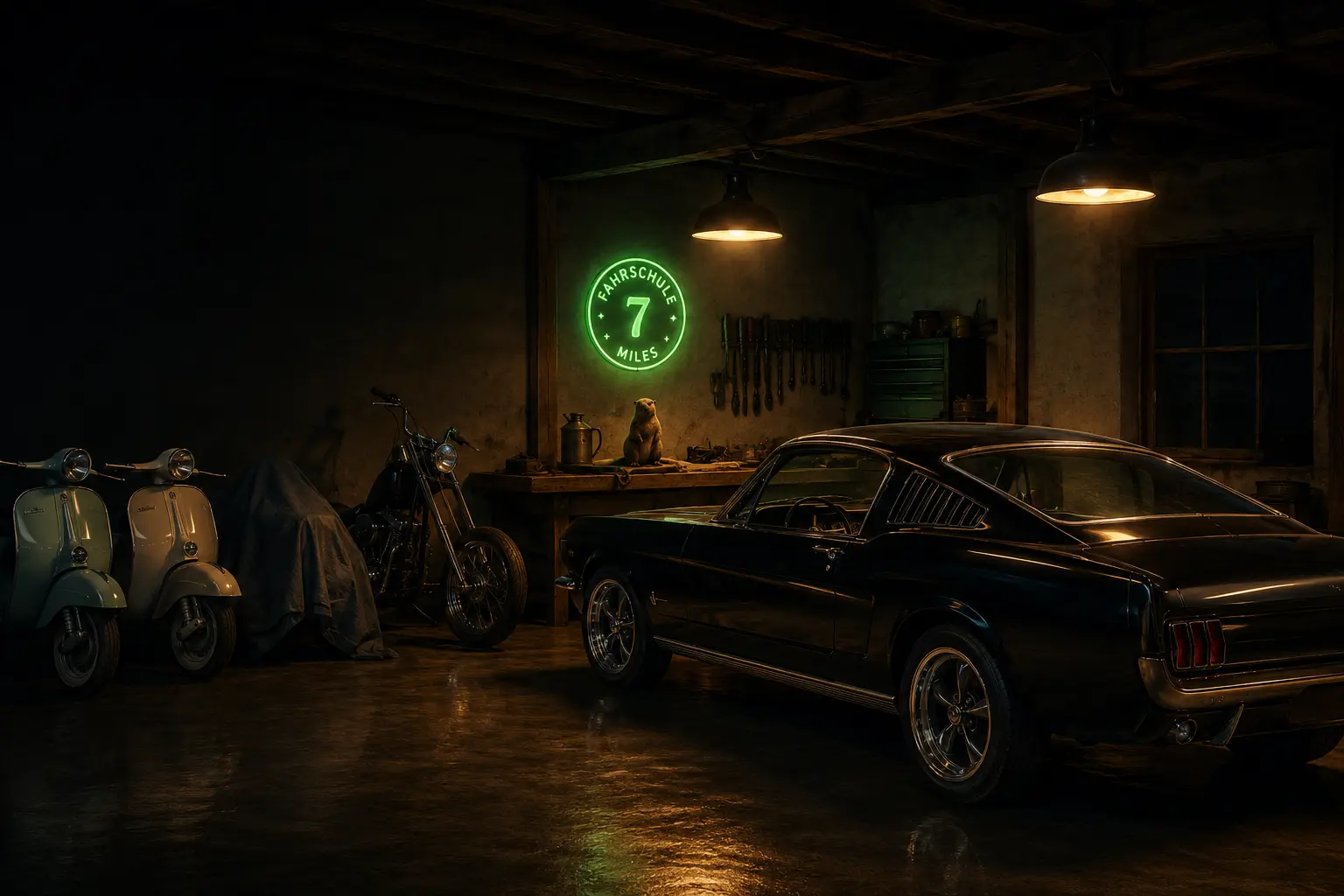 Werkstatt bei Nacht mit zwei Vespas, einem schwarzen Mustang und einem grünen Neonschild an der Wand.
