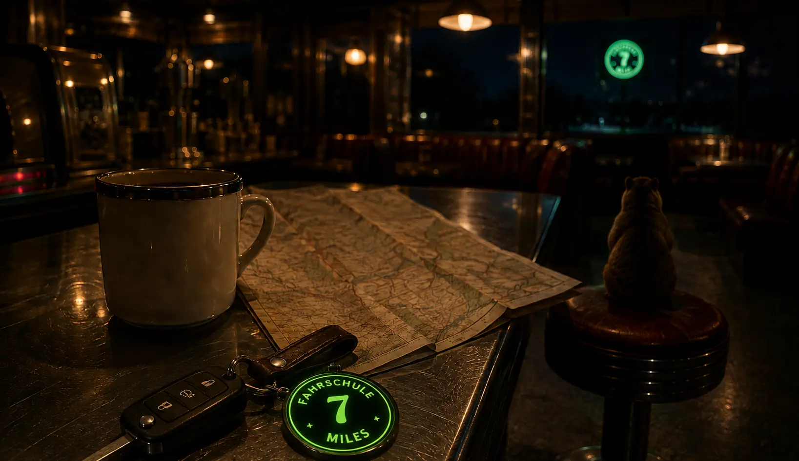 Autoschlüssel mit leuchtendem 7miles-Anhänger auf einem Dinertresen, daneben eine Kaffeetasse und eine aufgeschlagene Straßenkarte.