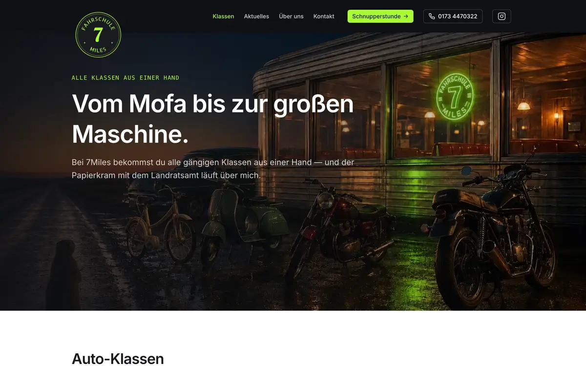 Seite Klassen der Fahrschule 7miles mit Übersicht der Führerscheinklassen und Galerie.