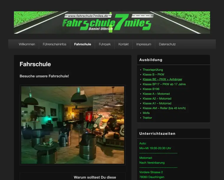 Frühere Website der Fahrschule 7miles, Unterseite Fahrschule, Stand Mai 2026.