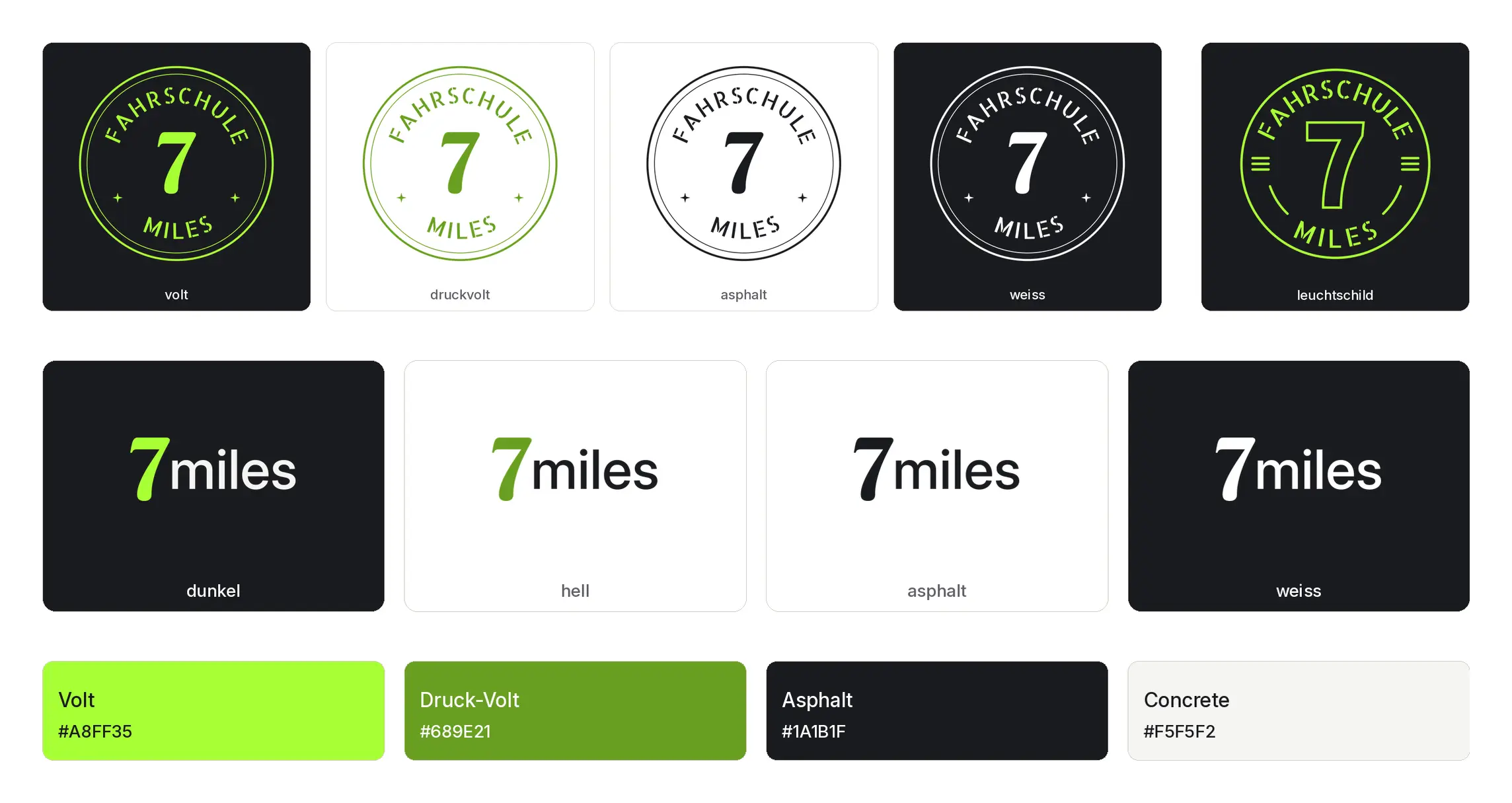Logo-System der Fahrschule 7miles: rundes Crest und Wortmarke in je vier Farbvarianten, darunter die Markenfarben Volt-Grün, Asphalt und Beton.