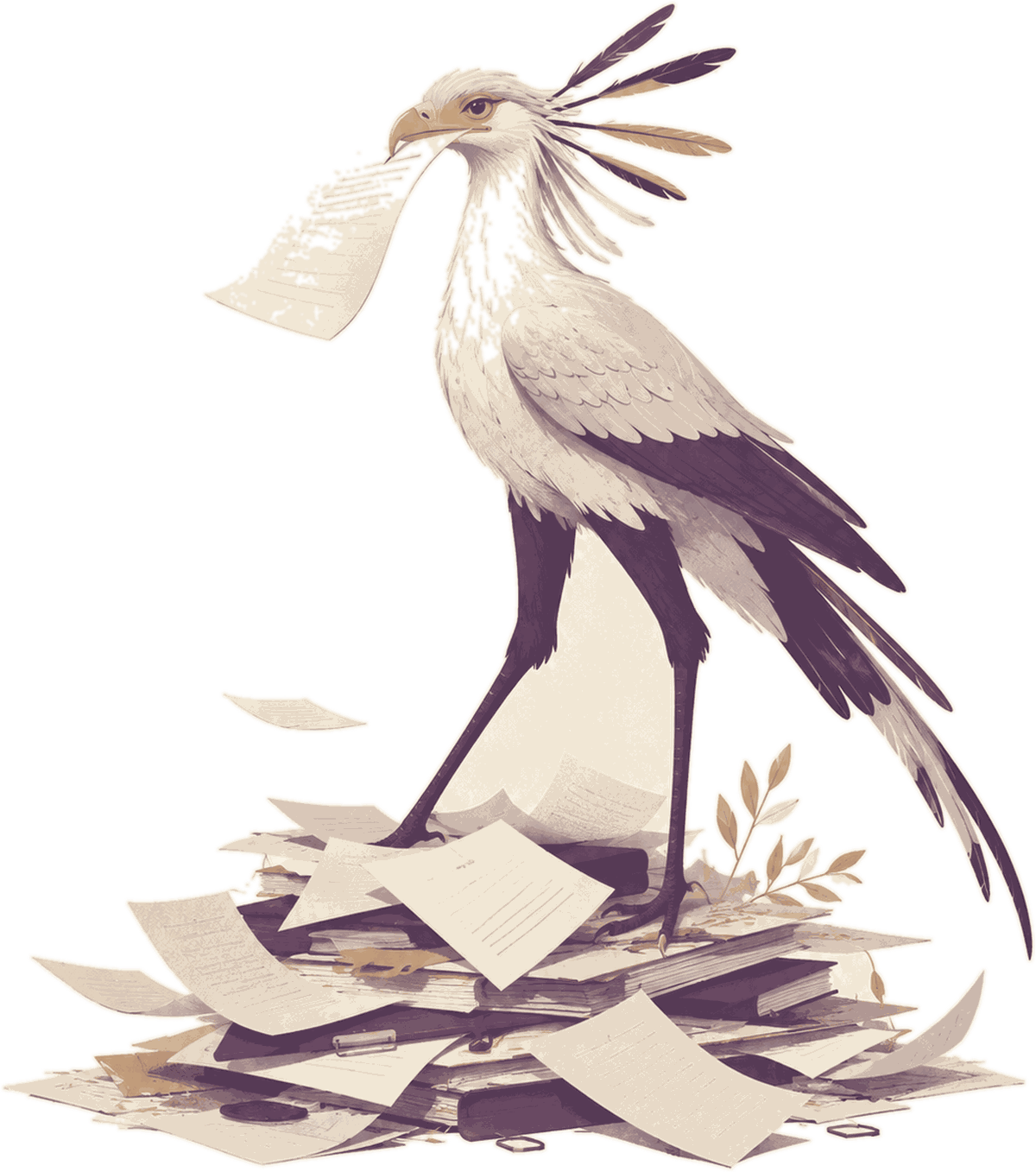 Illustration der Marke berta: ein Sekretärvogel mit einem Blatt Papier im Schnabel steht auf einem Stapel Dokumente