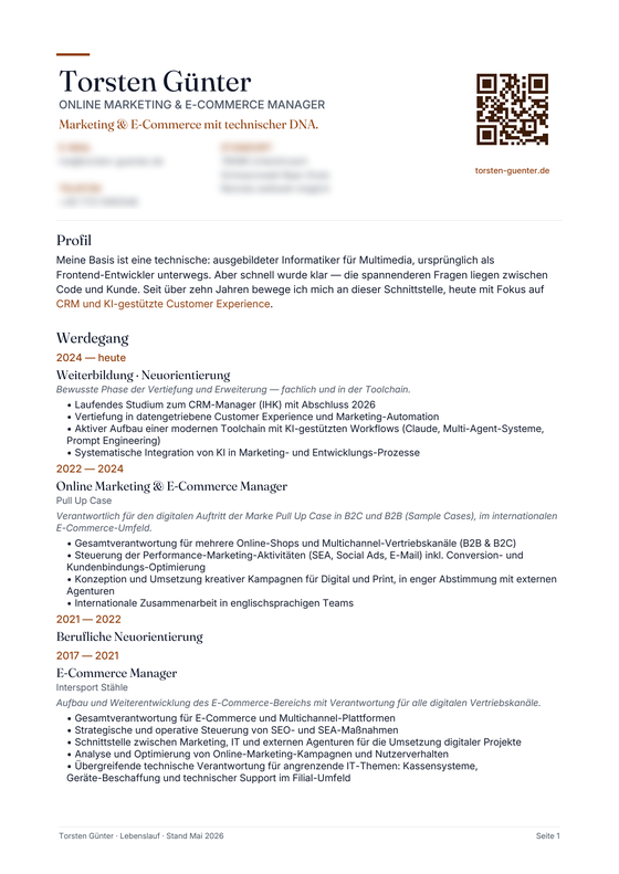 Lebenslauf-Design, linksbündig (Kontaktdaten unkenntlich)