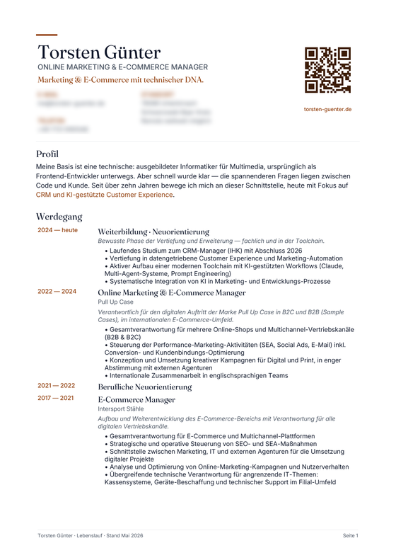 Lebenslauf-Design, zweispaltig (Kontaktdaten unkenntlich)